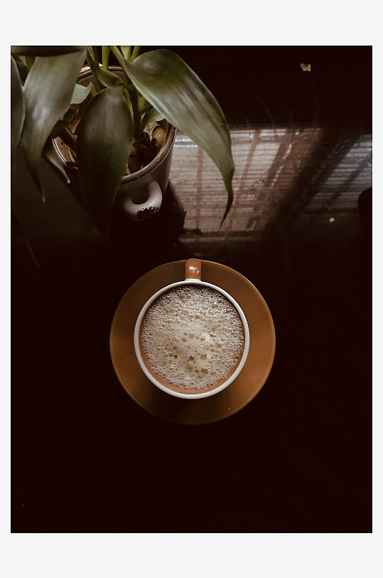 俯拍咖啡杯与绿植-众图网