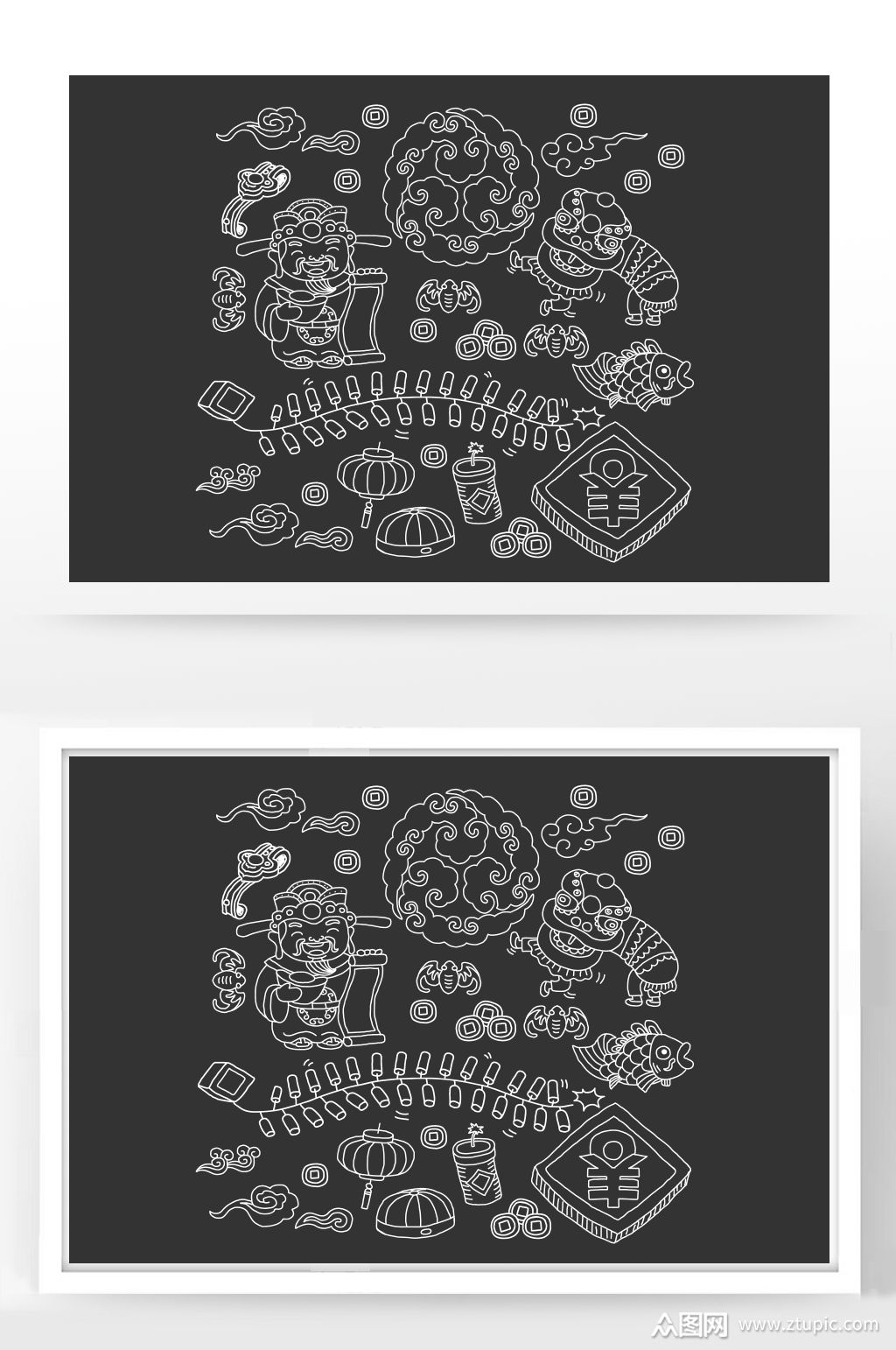 黑白线条新年元素插画
