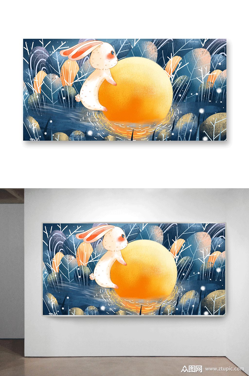 趴在月亮上的兔子中秋插画