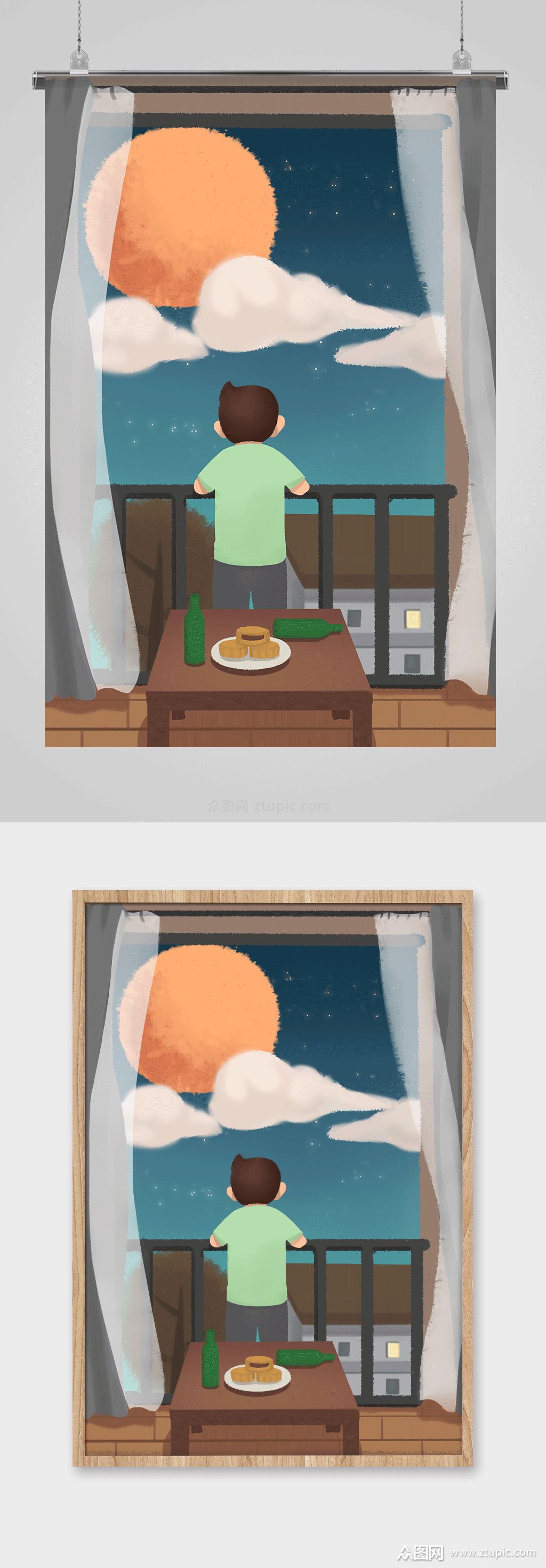 独自赏月中秋插画