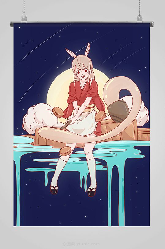手绘风格兔子女孩中秋插画