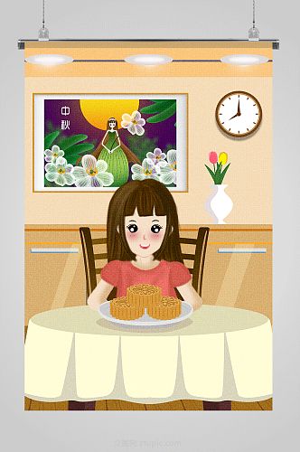 手绘女孩吃月饼中秋插画