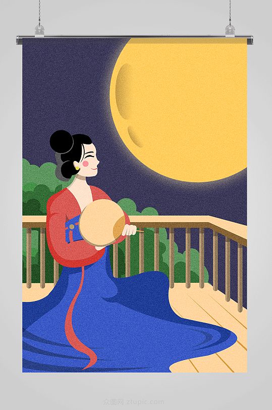 手绘古代女子赏月中秋插画