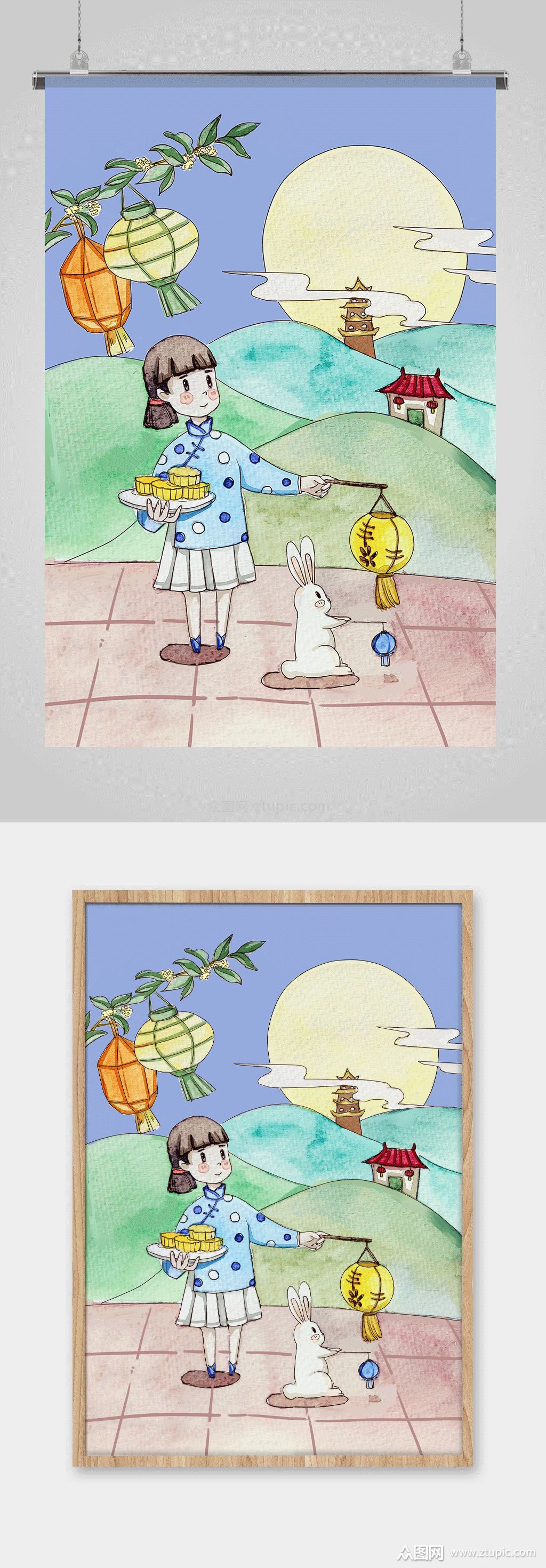 水彩手绘女孩中秋节插画