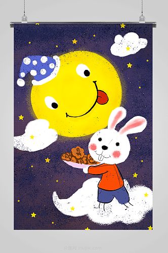 兔子捧月饼中秋节插画