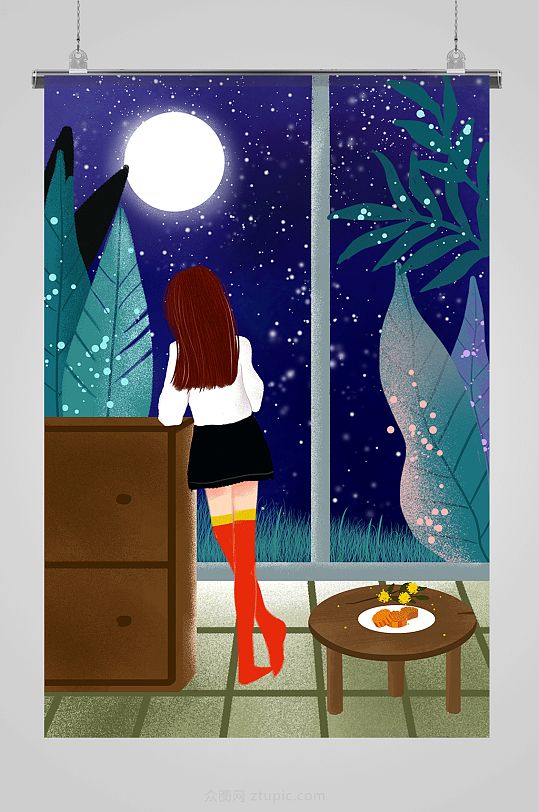 手绘窗边赏月女孩中秋插画-众图网