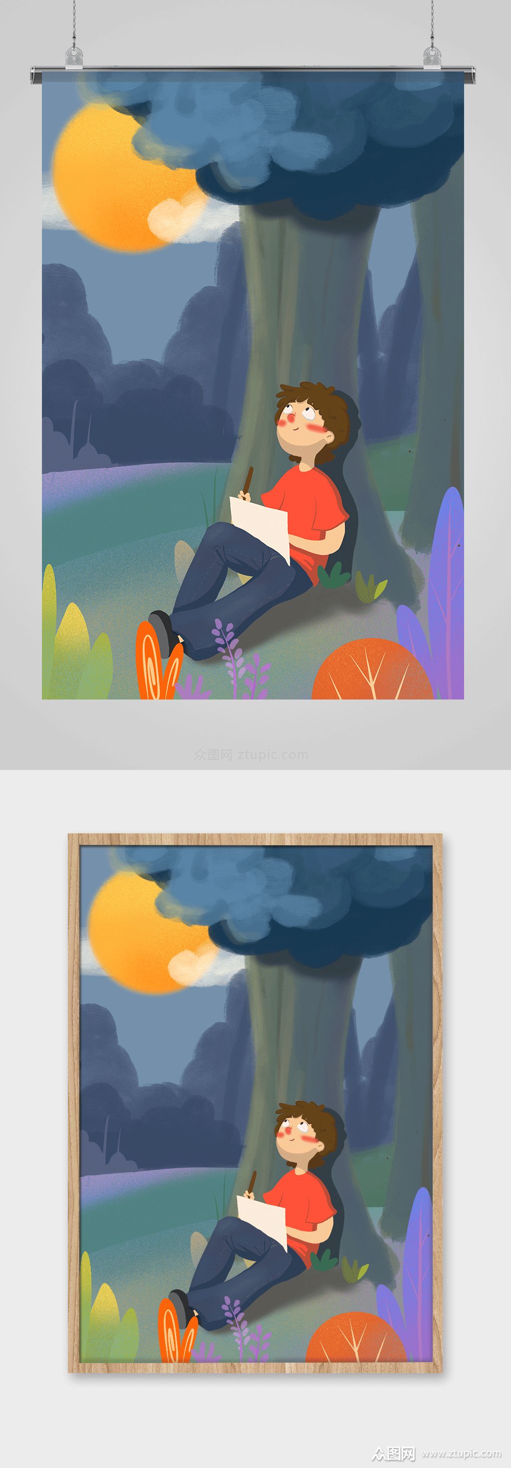 卡通男孩独自赏月中秋插画模板下载-编号460527-众图网