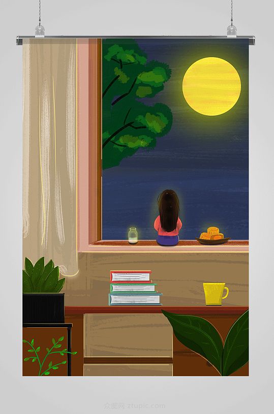 女孩窗口赏月中秋节插画-众图网