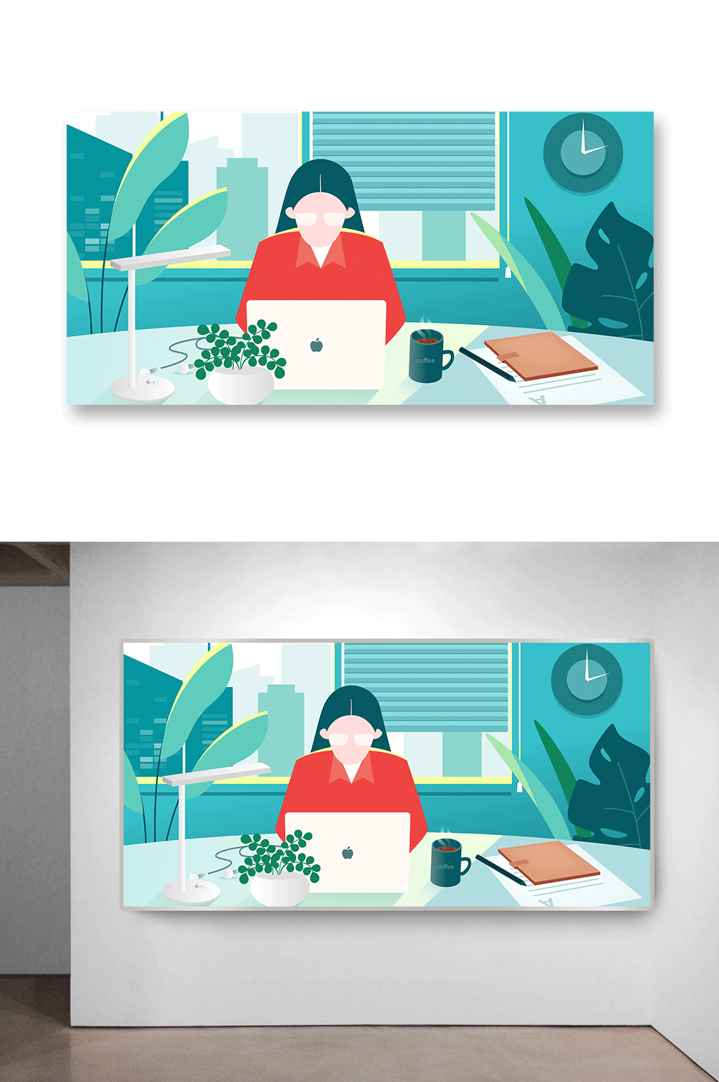 绿色清新女性工作扁平插画素材