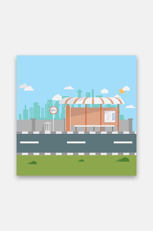 城市背景巴士行驶插画卡通公路道路交通街道地图png免抠素材道路公交