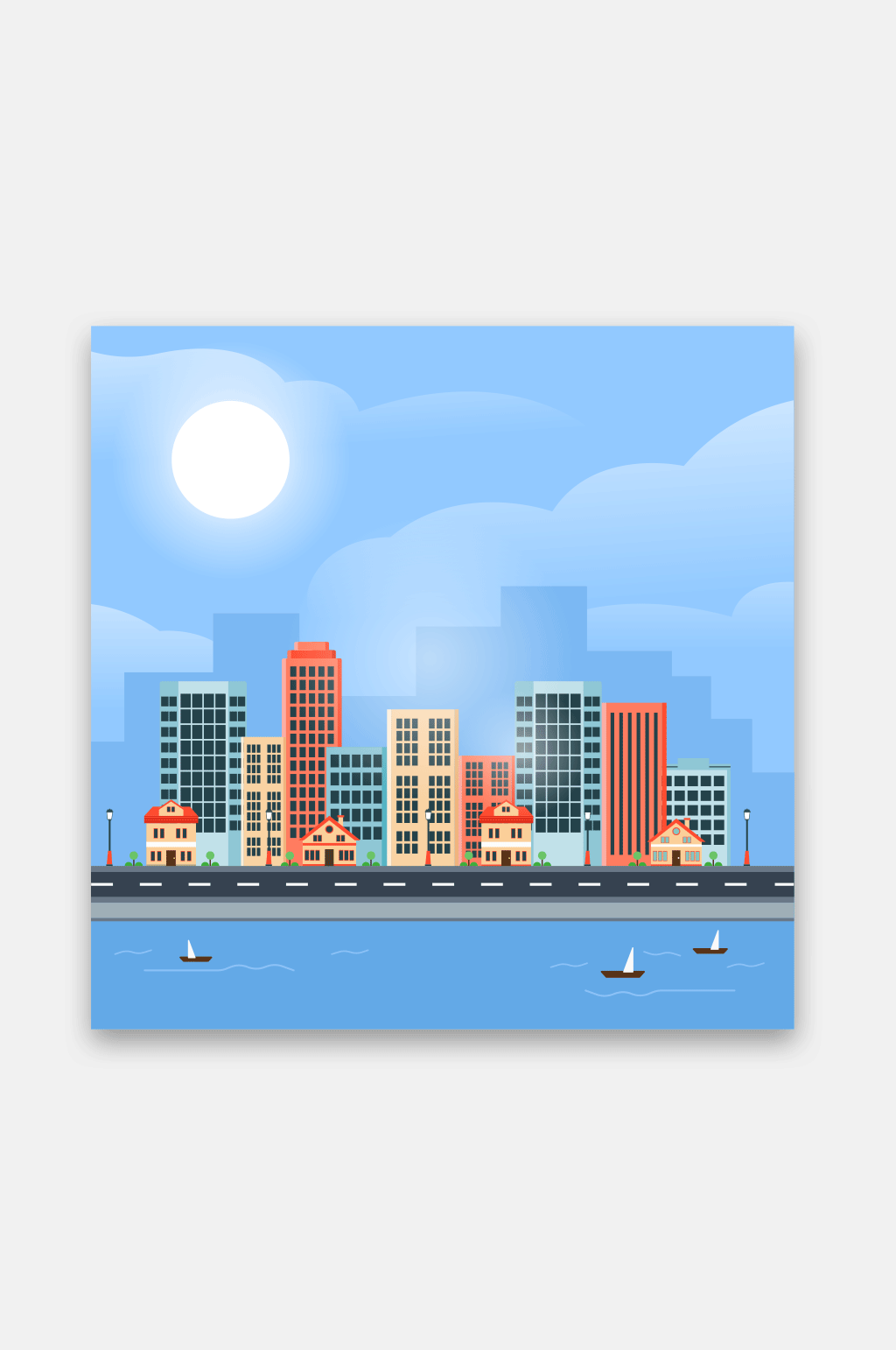 蓝色矢量城市高楼湖面插画素材