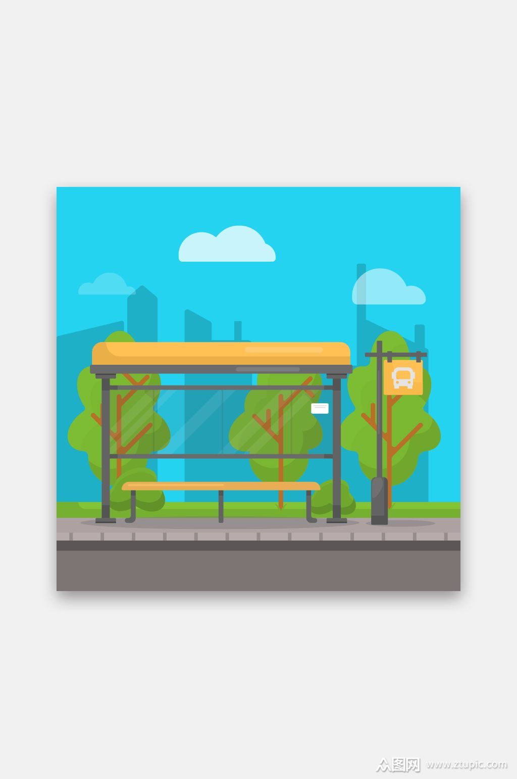 城市公交车站台矢量插画