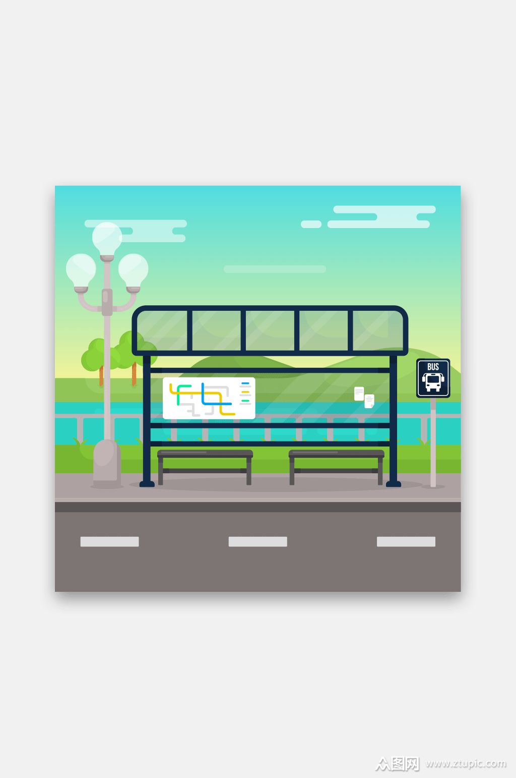 等公交车站台城市矢量插画