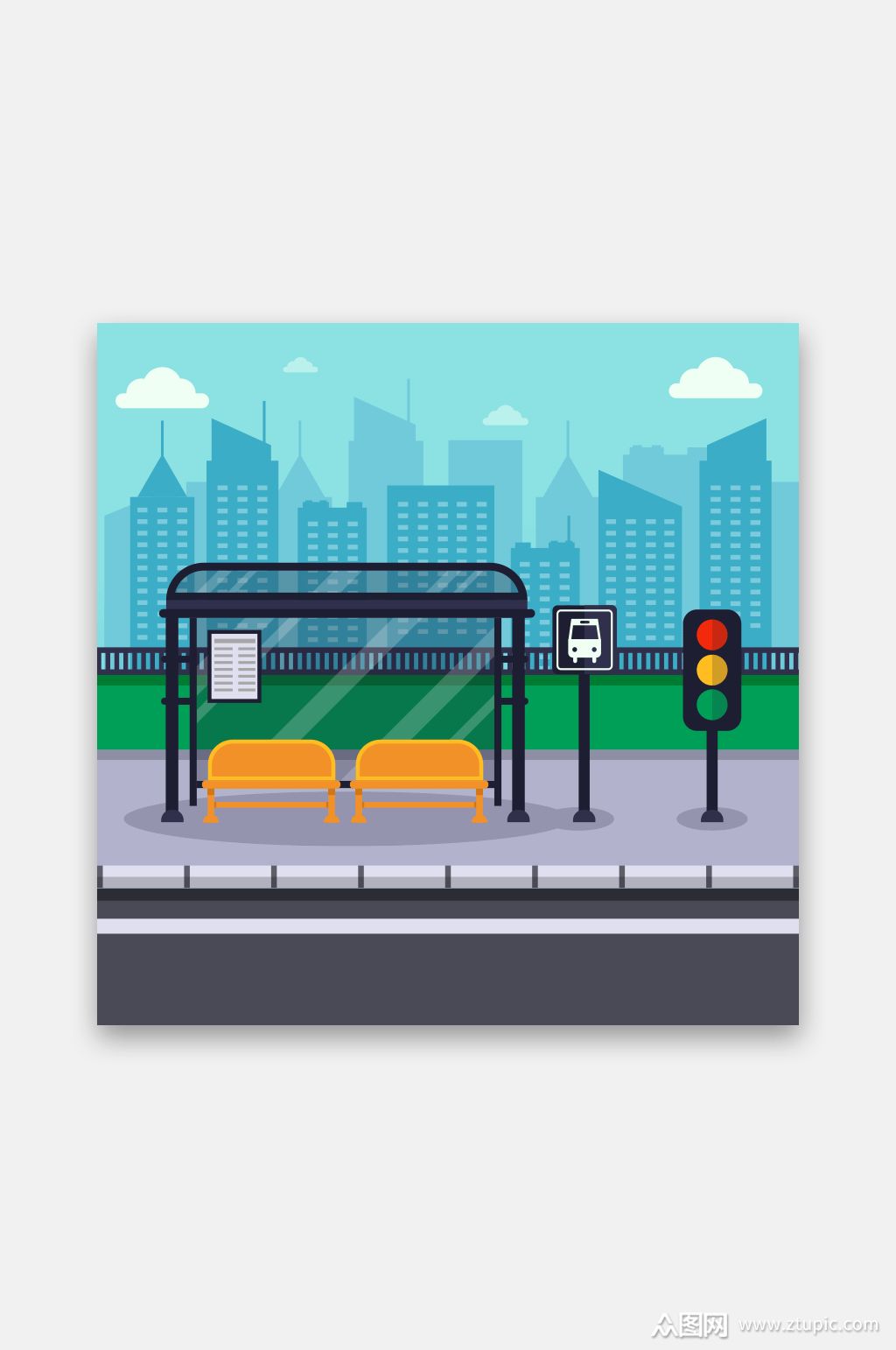 道路公交站台城市矢量插画