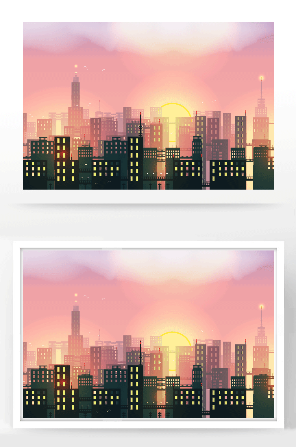 夜晚灯光城市建筑矢量插画素材