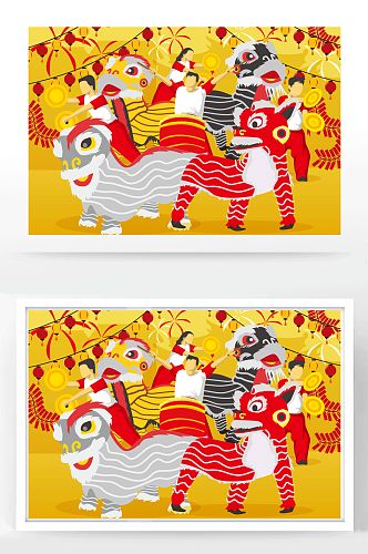 喜庆新年舞狮庆祝节日海报插画