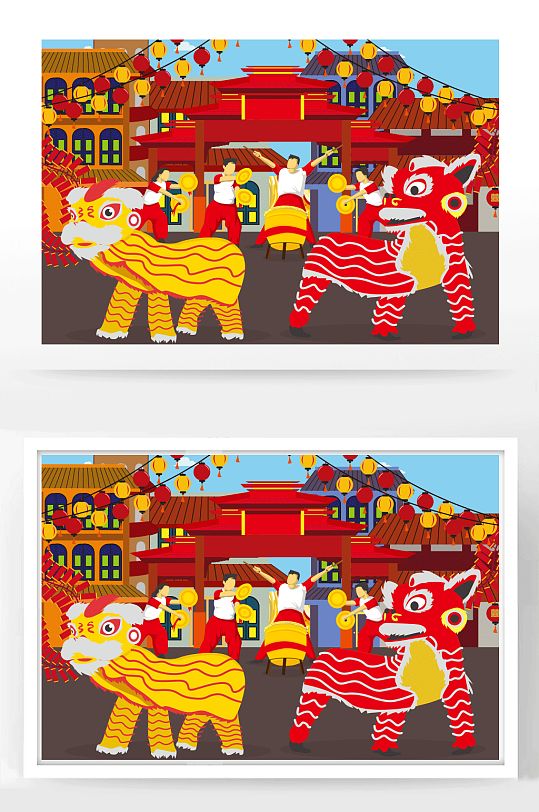 舞狮喜庆红火欢快新年海报插画