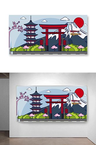 富士山建筑红日矢量插画