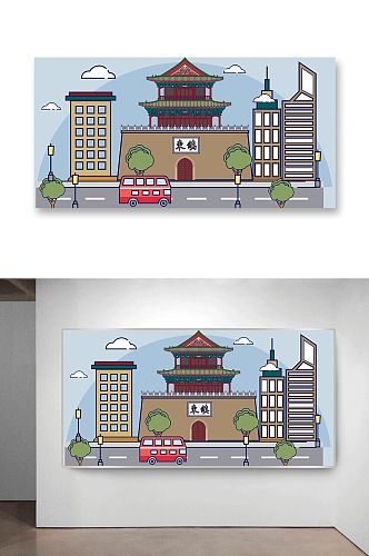 中国古建筑城楼旅游风光插画