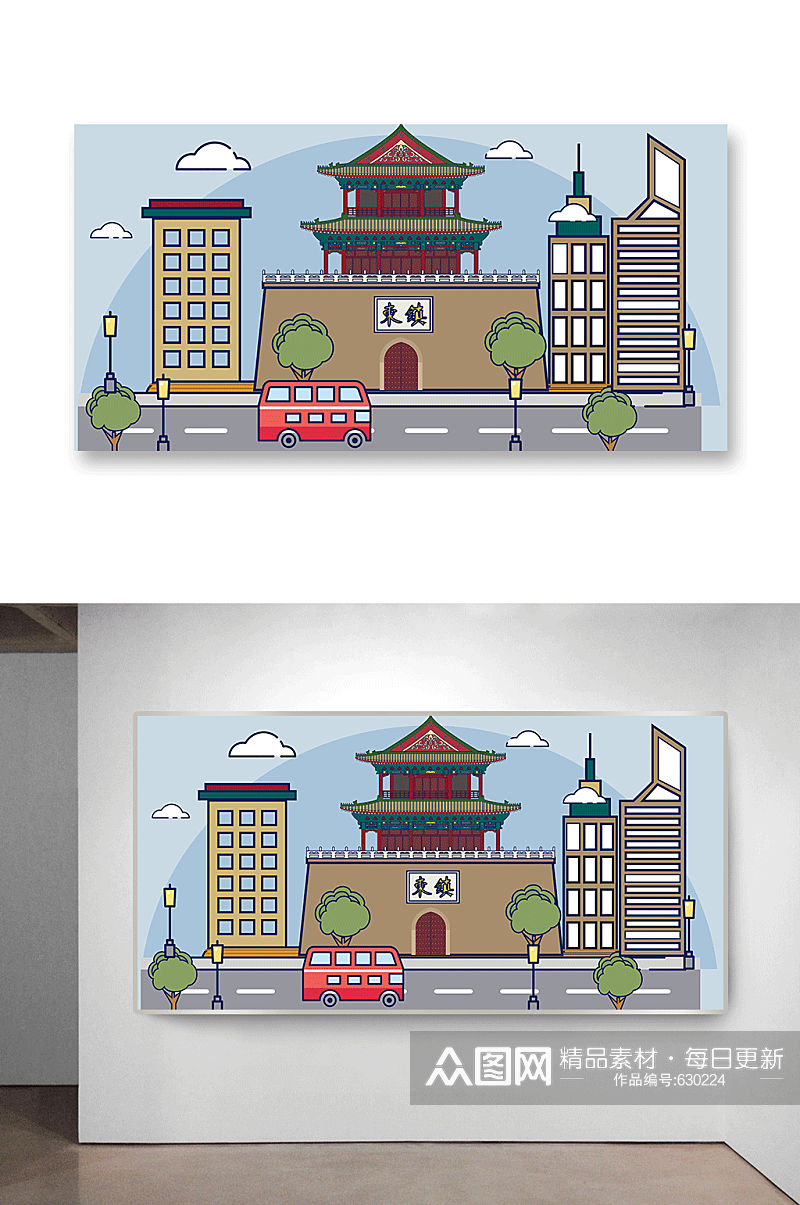 中国古建筑城楼旅游风光插画素材