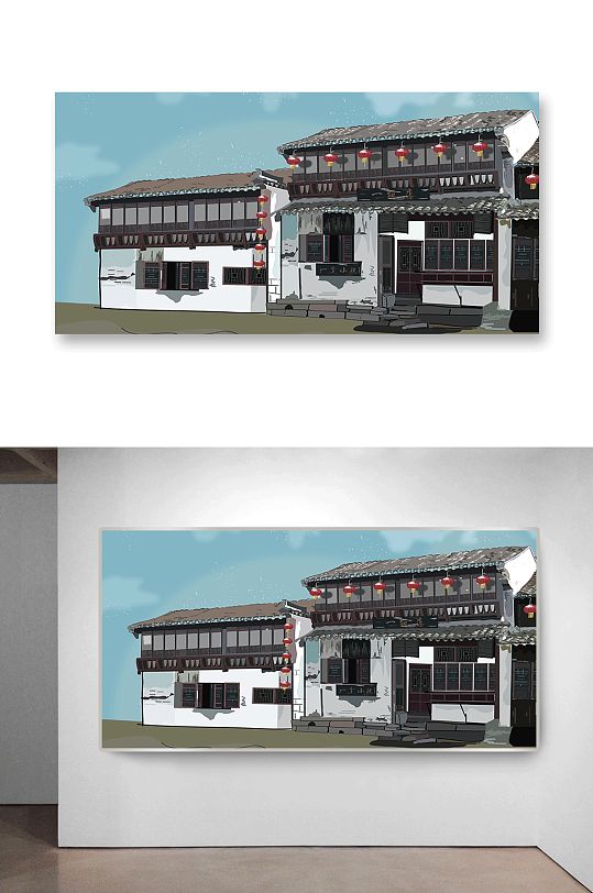 手绘中国建筑古建筑插画