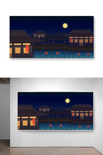 中国风古建筑夜晚插画