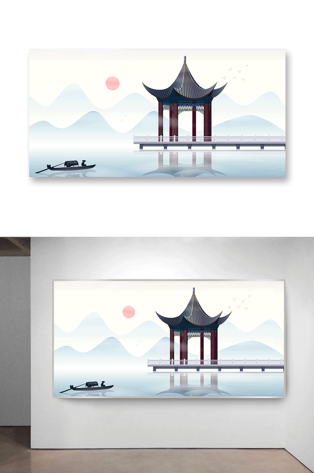 中国风凉亭湖面风景插画素材