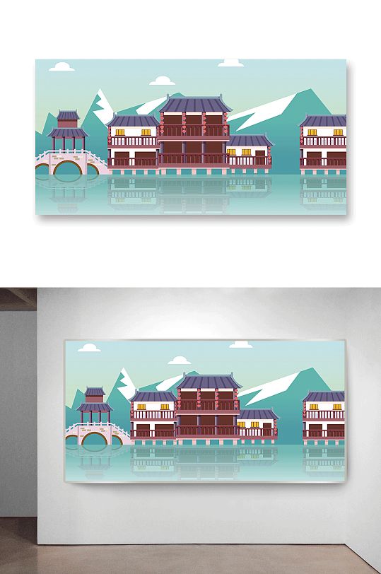 中国风古镇建筑插画