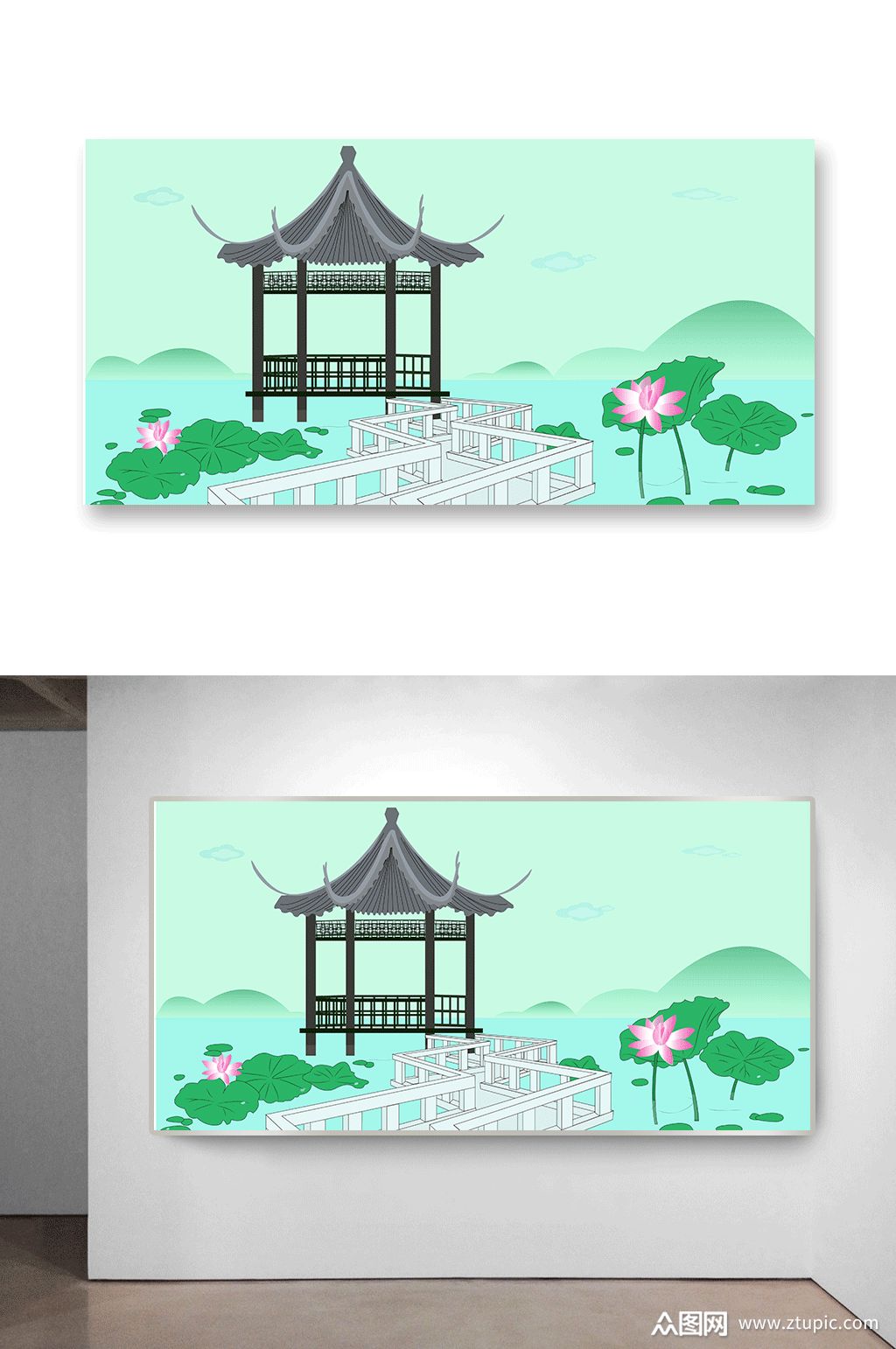 中国风凉亭荷叶荷花建筑插画