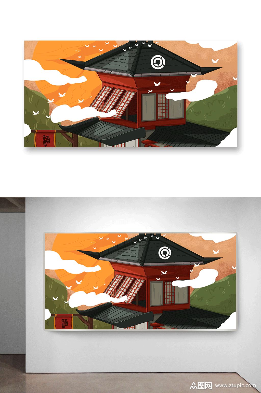 中国风古代建筑酒家插画