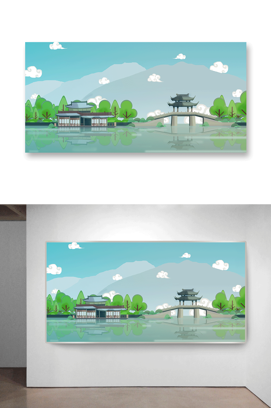 中国风拱桥凉亭建筑插画素材