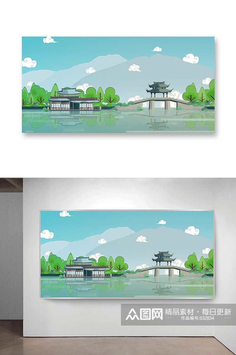 中国风拱桥凉亭建筑插画素材