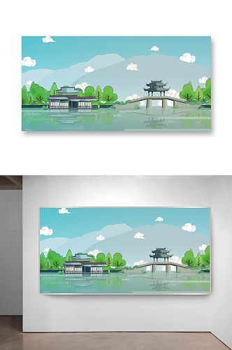 中国风拱桥凉亭建筑插画