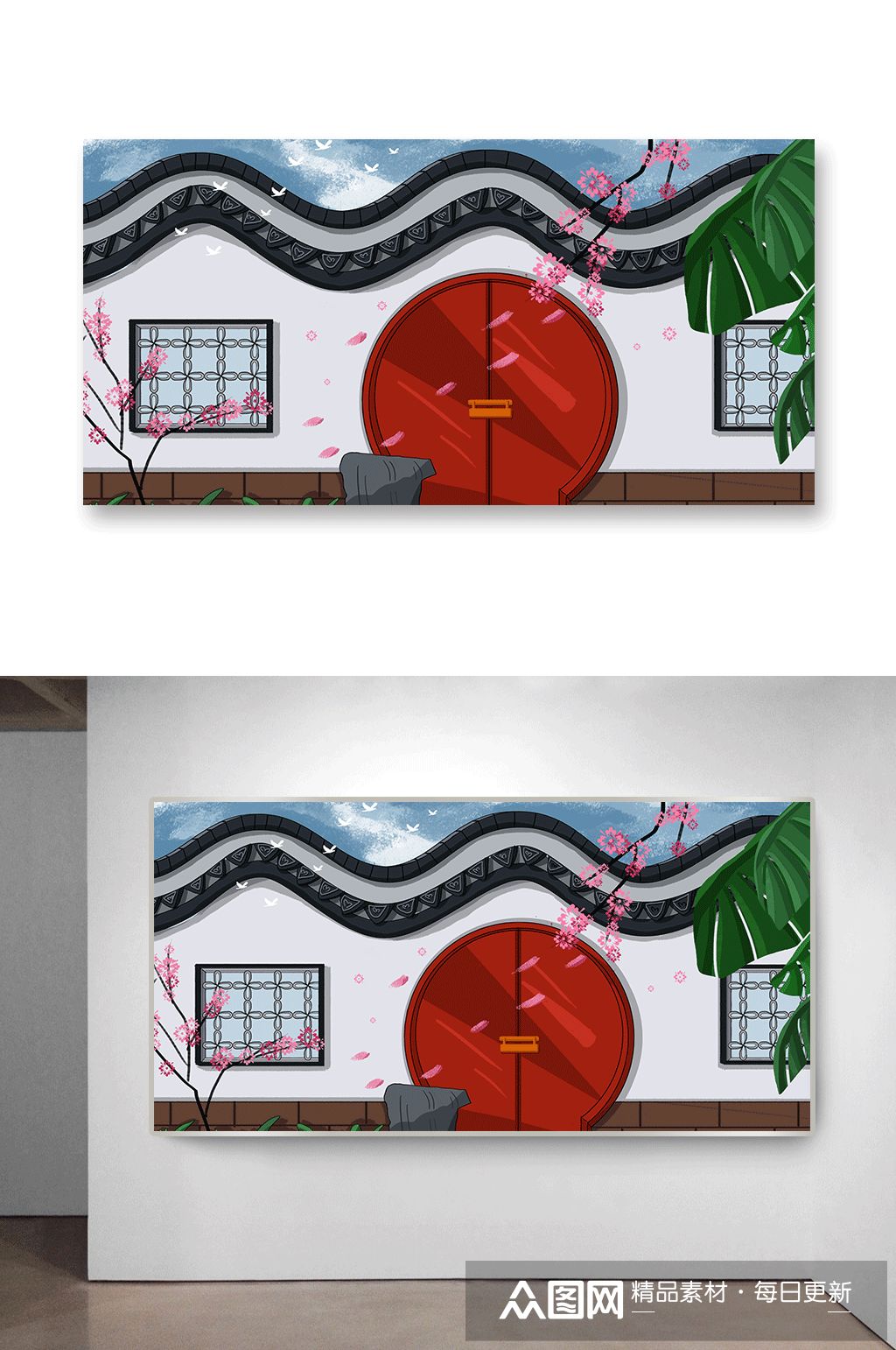 古风古代围墙大门建筑插画模板下载-编号632832-众图网