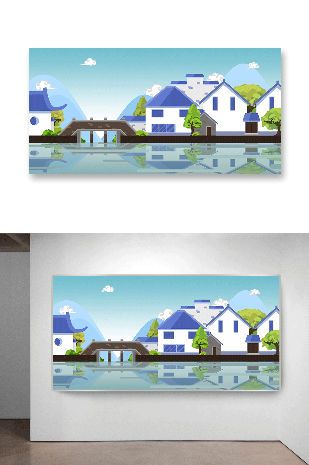 湖边城镇中式建筑插画素材