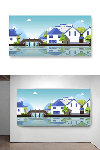 湖边城镇中式建筑插画