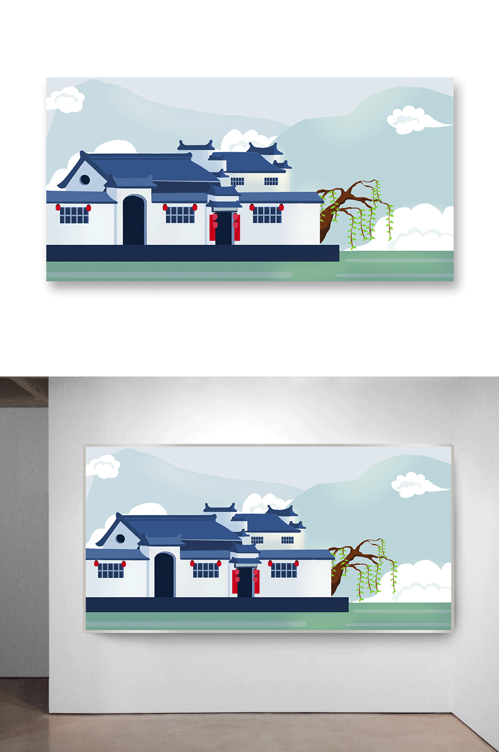 徽派建筑中式建筑插画素材