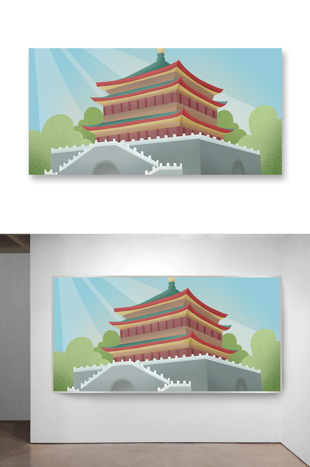 阳光普照古代中式建筑插画素材