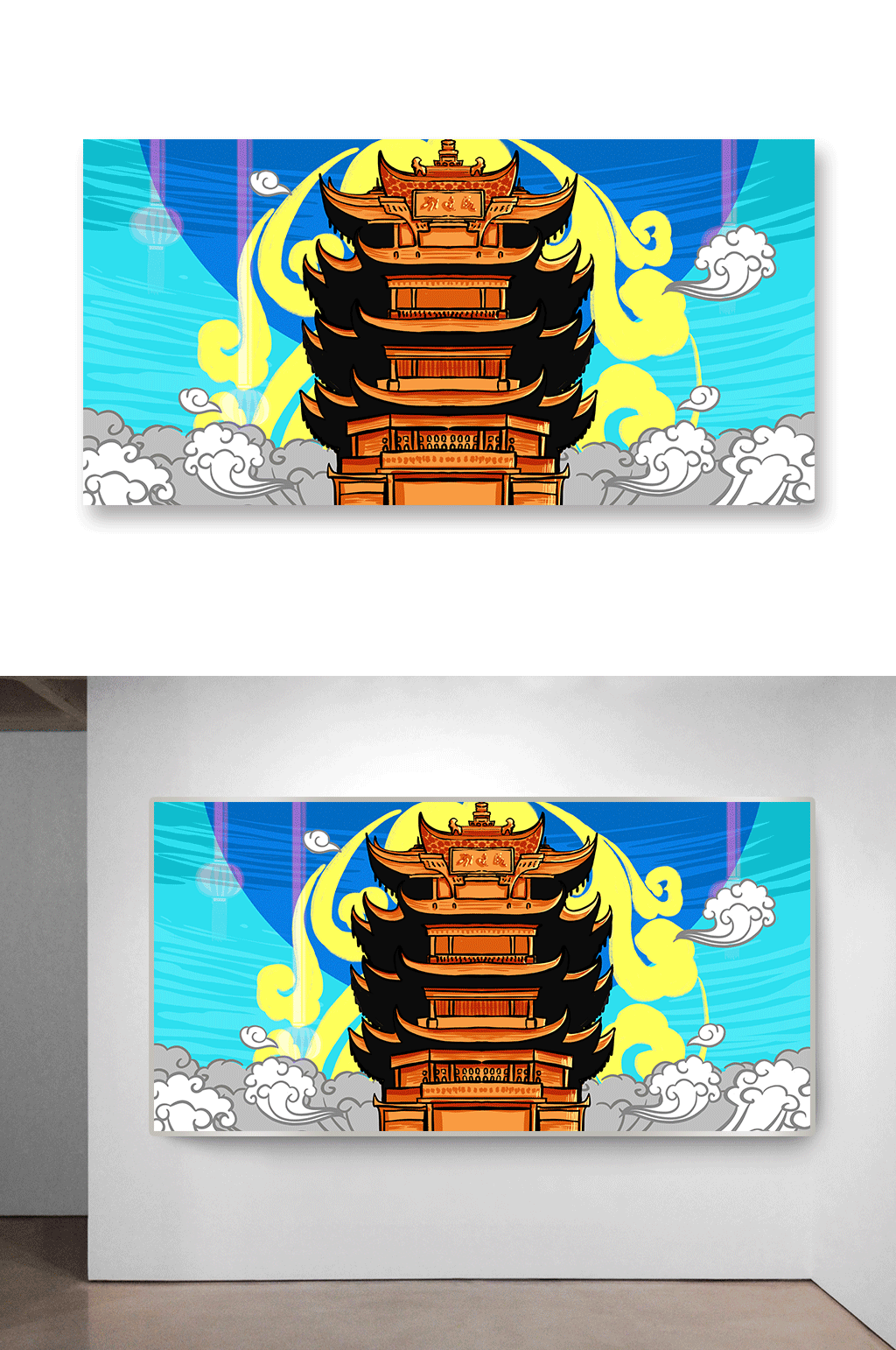 中国风古建筑城楼插画素材