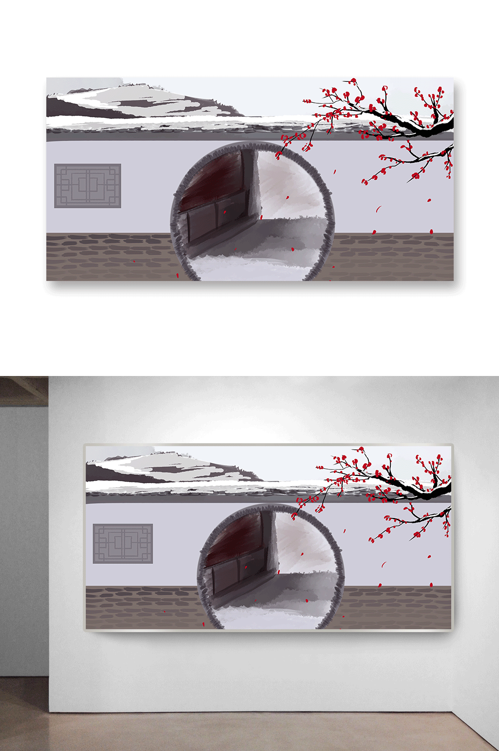 中式庭院建筑古风插画素材