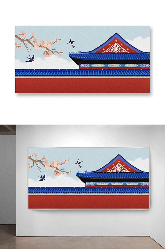 红墙青瓦古建筑插画