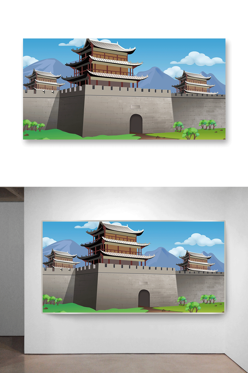 古代城楼建筑插画素材