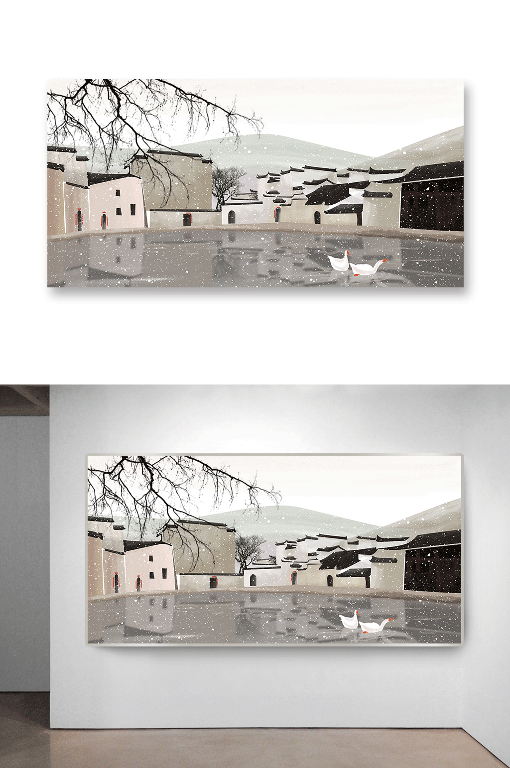 水墨风格中式建筑湖景插画素材