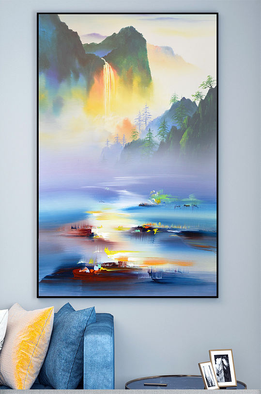 新中式水彩风景油画玄关装饰画