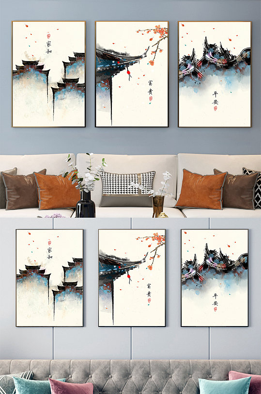 中式复古徽派建筑装饰画