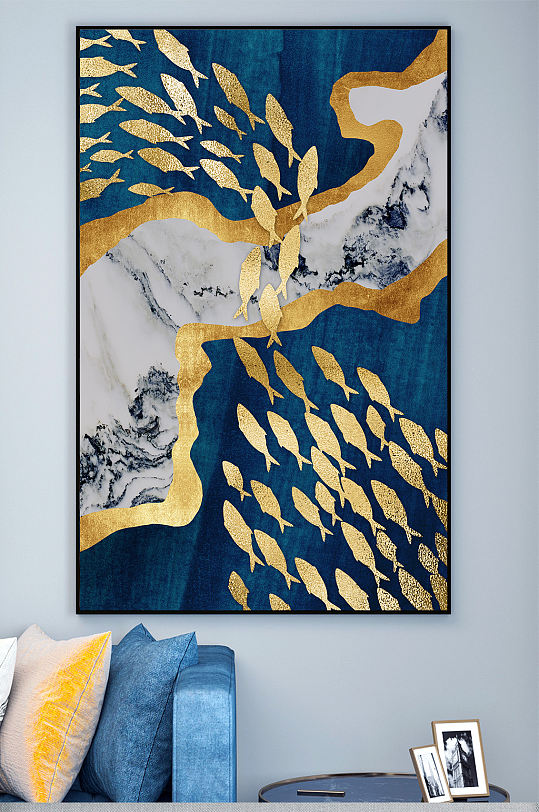 新中式金抽象鱼玄关装饰画