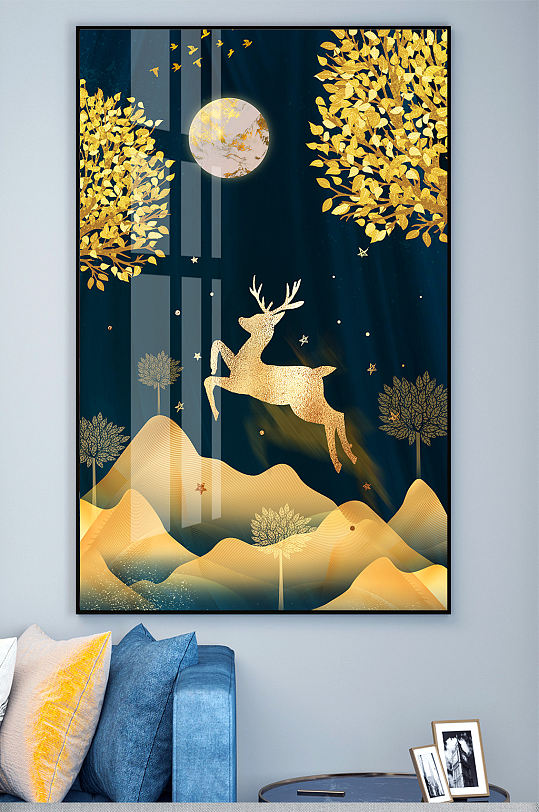 中式现代发财鹿玄关装饰画