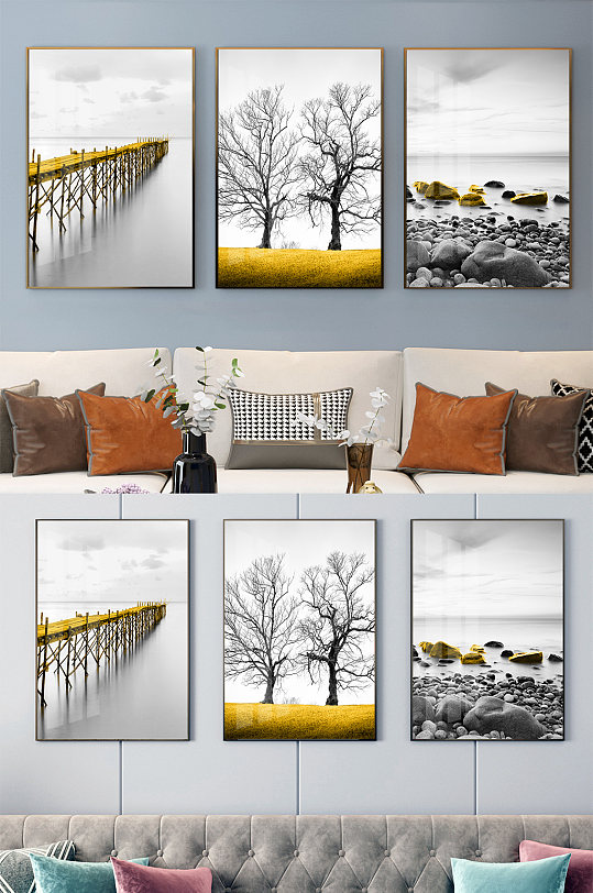 北欧黑白风景金色装饰画-众图网