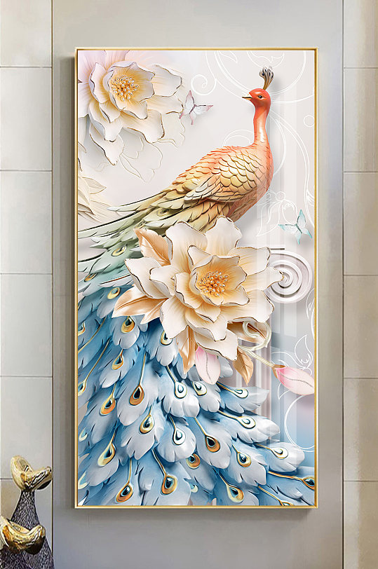 新中式立体孔雀玄关装饰画-众图网