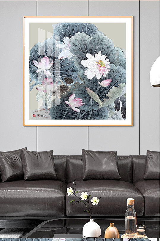 中式工笔画荷花装饰画